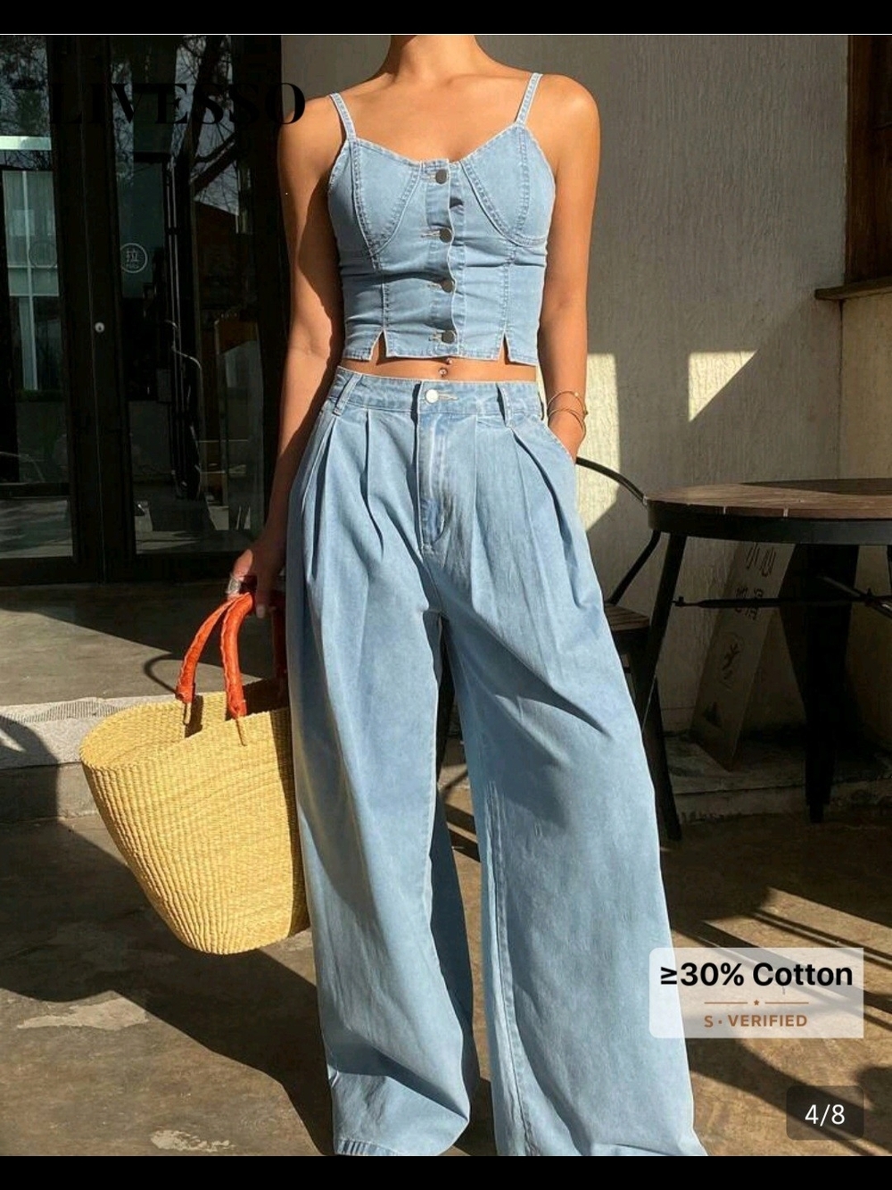 Two PIece Light Wash Denim Crop Bustier Top & Wide Leg Jeans Set